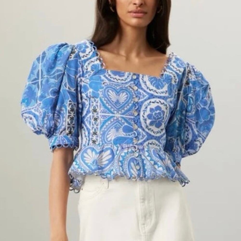 Farm Rio Tile Dream blue puff sleeves Blouse XS
